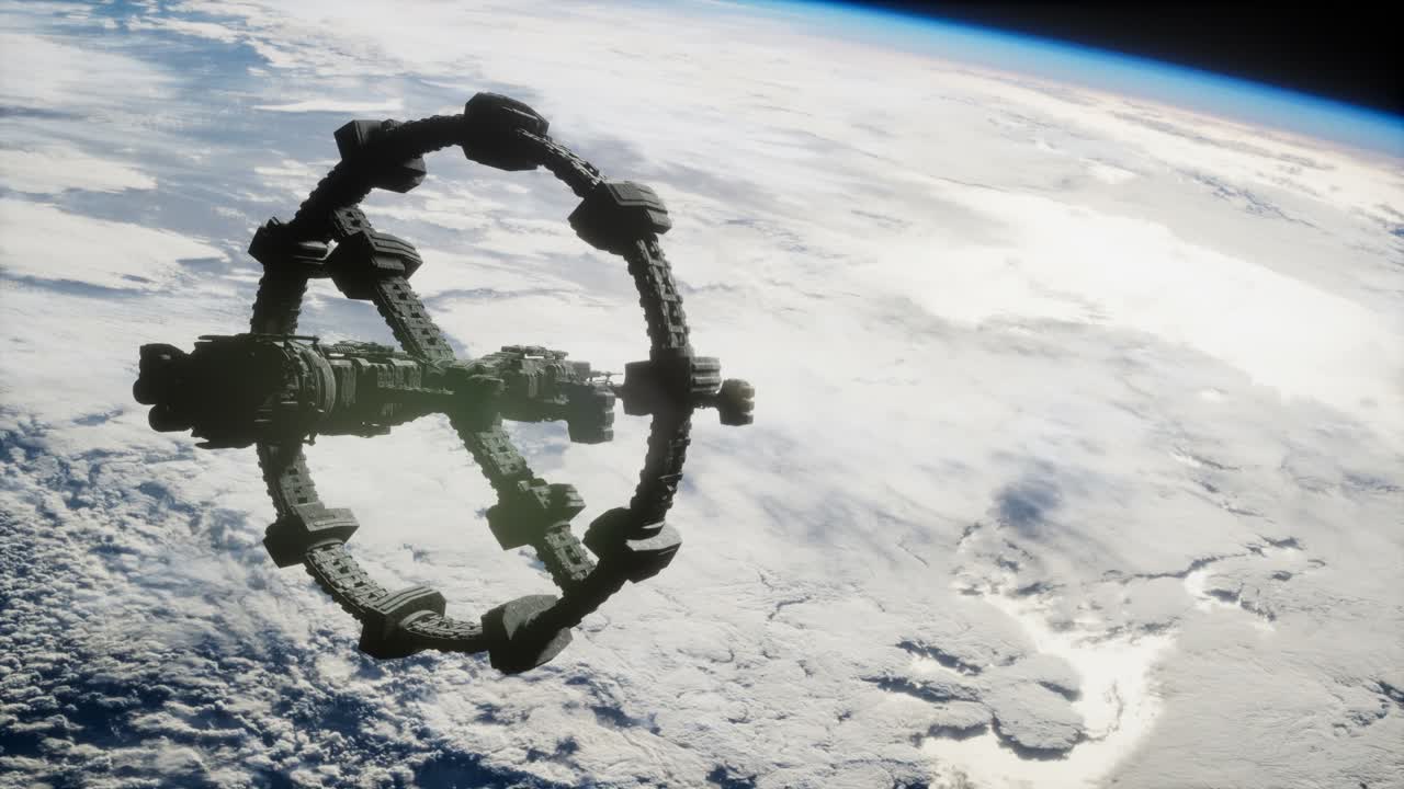 지구와 우주선의 모습. iss는 지구를 공전하고 있습니다.