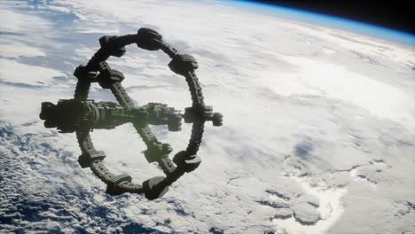una vista de la tierra y una nave espacial. iss está orbitando la tierra