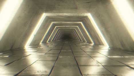 flying in futuristic tunnel with fluorescent ultraviolet lights. sci-fi interior corridor. modern light spectrum. 3d render seamless loop animation 4k uhd