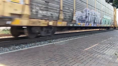 fast freight train with graffiti speeds by