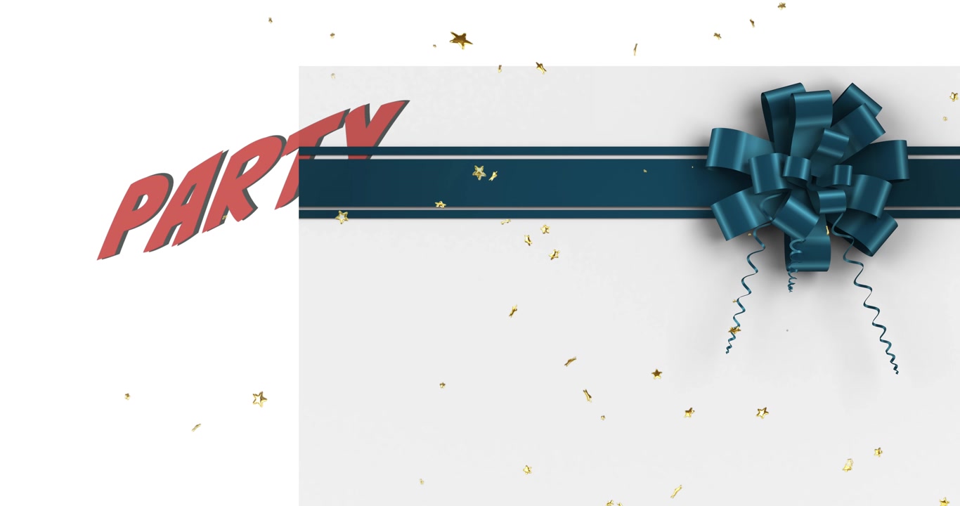Animazione del testo "Party" su un regalo