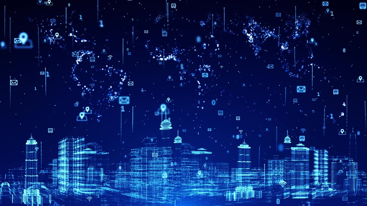 4k, 3d 스마트 시티, 디지털 사이버 공간, 디지털 데이터 네트워크 연결, 글로벌 커뮤니케이션