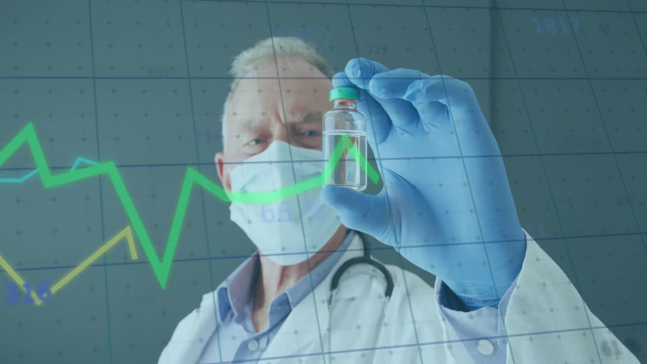 animación del procesamiento de datos financieros sobre el médico caucásico que tiene la vacuna