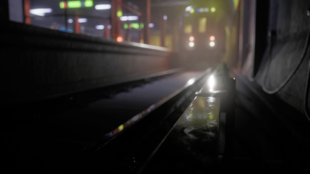 Low angle view of train tracks illuminated by distant lights at night