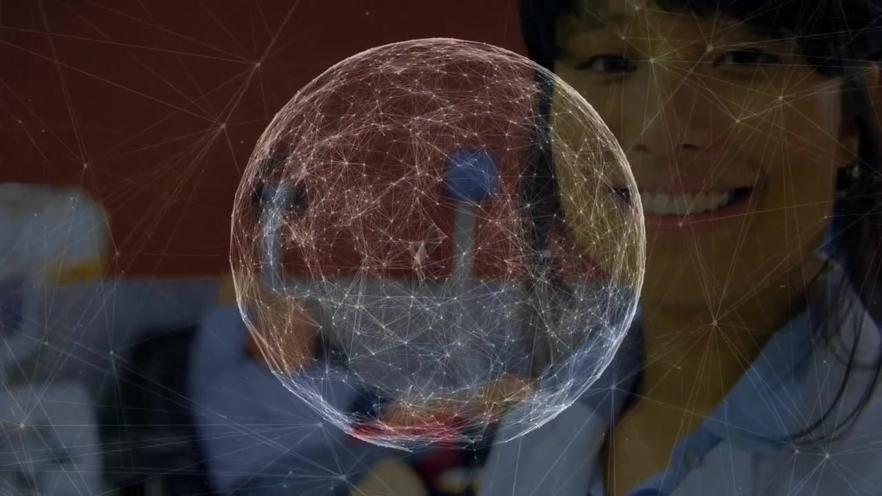 Lab tech placing phone holographic sphere rotating above device and demonstrating clinical network
