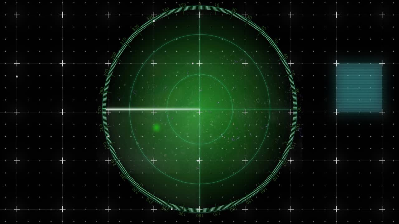 Green radar sweep rotating on start, blip appearing, cyan squares shifting, simulating scan