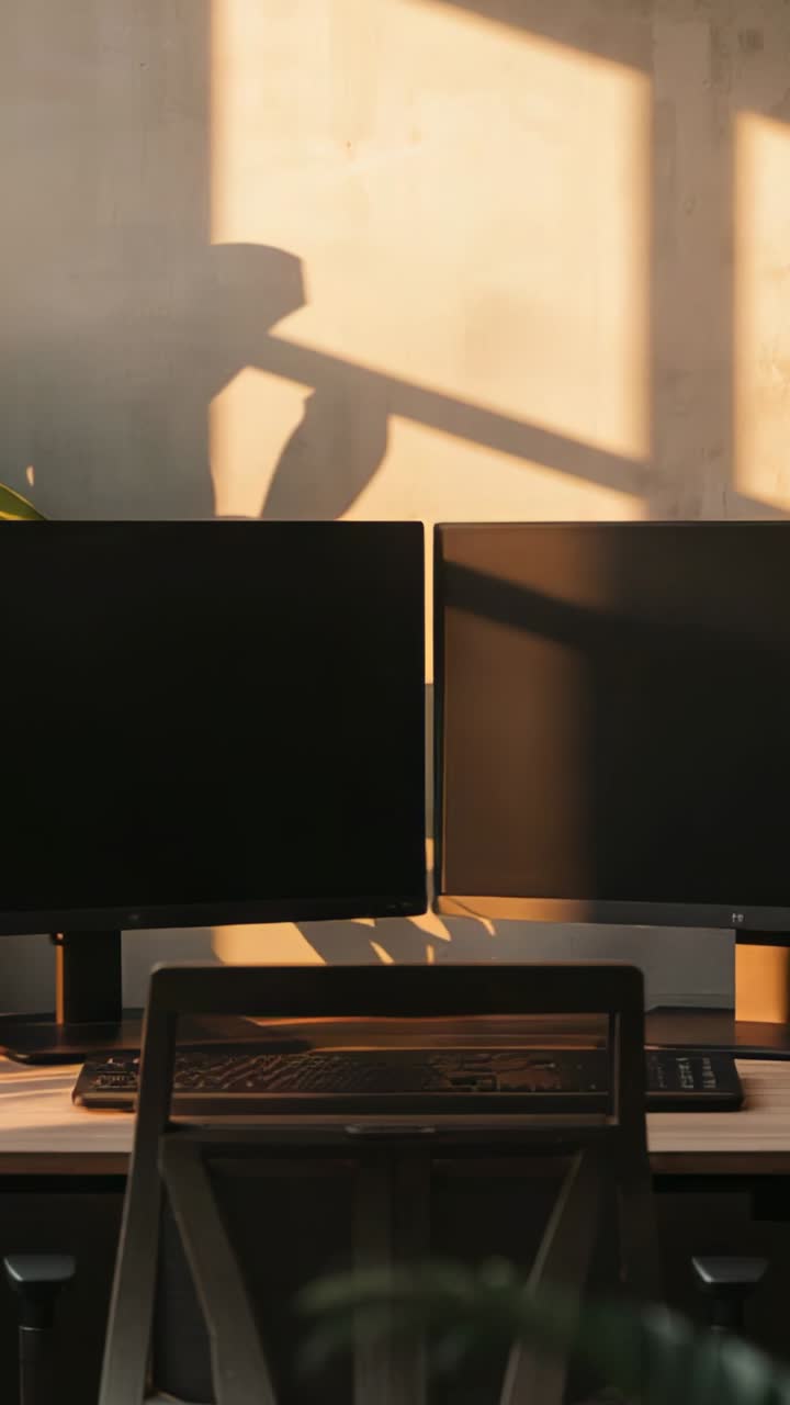 Vertical video: Window light casting shadows across dual monitors on desk with plant
