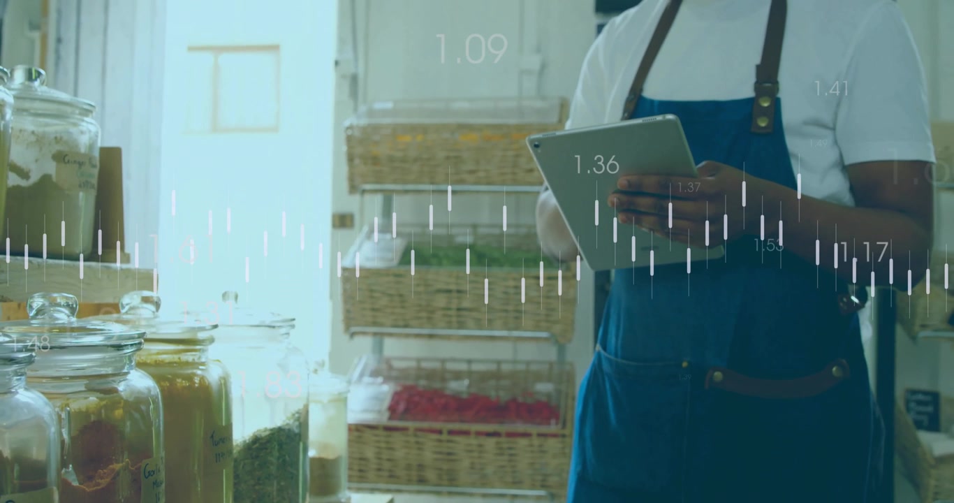 Shop clerk tapping tablet, opening spice jar lid while animated retail inventory data updating