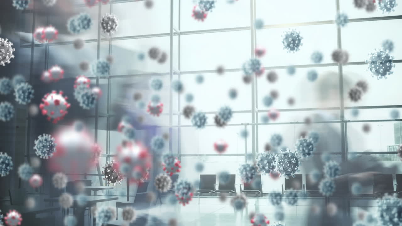 코로나 19 세포의 애니메이션 바쁜 사무실