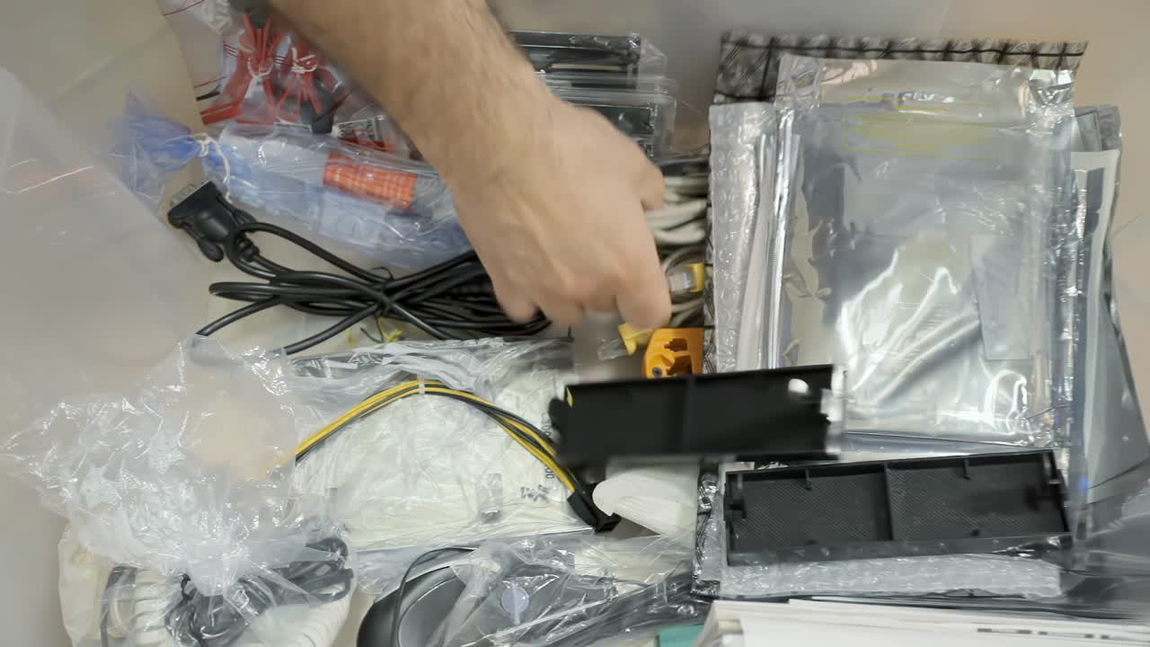 seleccionando y recogiendo algunos cables y cables de un contenedor de caja de plástico