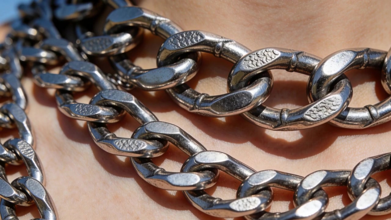 Luce che cambia, catene a maglie barbazzale d'argento a strati che brillano sul collo, mostrando la trama delle maglie e la chiusura.