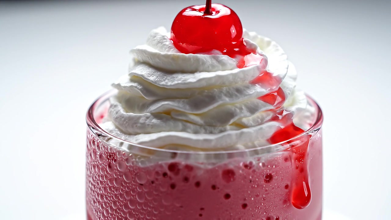 Milkshake alla fragola con panna montata e una ciliegina sopra