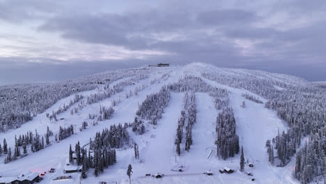 aerial view away from the slopes of iso-syote, colorful winter sunset in finland