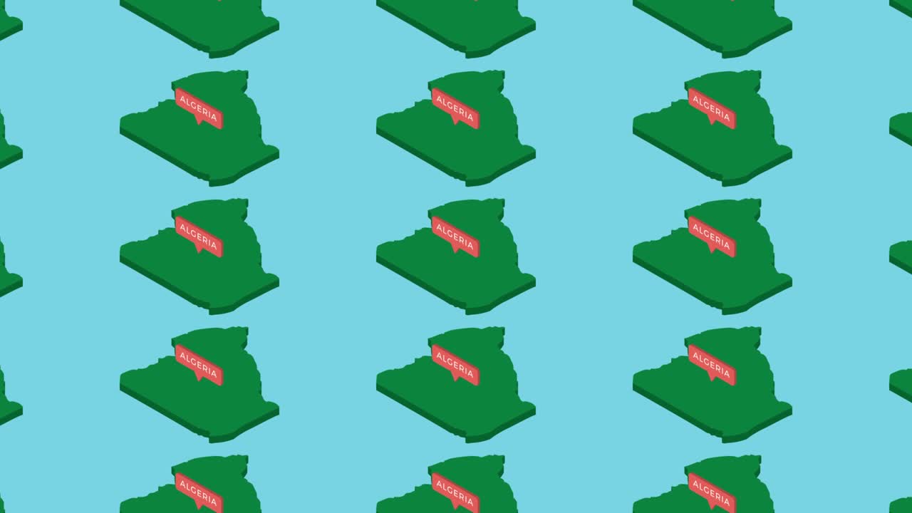푸른 배경에 오렌지색 포인터를 가진 아프리카 국가 알제리의 녹색 이소메트릭 지도. 가짜 3d 지리적 지도 개념의 원활한 루프 수평 움직임
