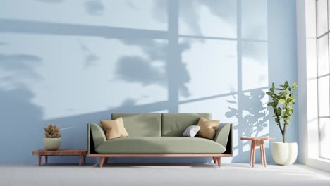 moderno apartamento sala de estar con sofá y sombras nubes en el cielo azul pared por suavemente viento de verano brisa renderización animación arquitectura concepto de diseño de interiores