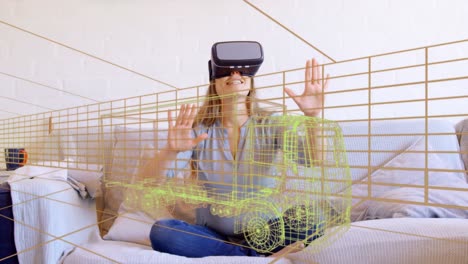 Animation-of-3d-technical-drawing-of-truck,-over-woman-at-home-wearing-vr-headset