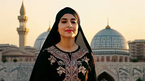 a beautiful woman wearing a hijab stands in front of a mosque.