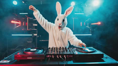 person in rabbit costume djing at a club