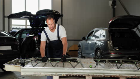 mecánico de automóviles que trabaja en una batería de vehículo