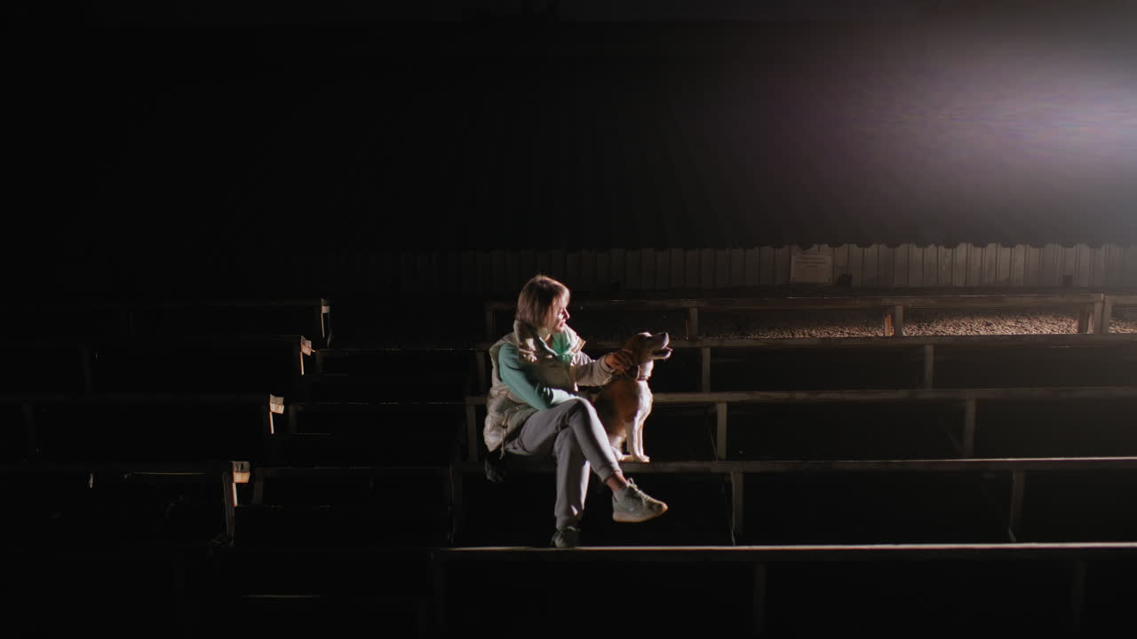 Tamer seated on podium at night rubbing ears of pet playfully as bright spotlight illuminates surroundings creating calm bonding moment between human and pet under empty dark stadium setting