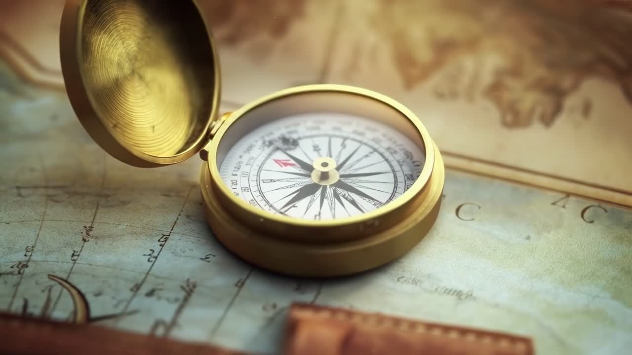Close-up video of a vintage compass on an old map, angled from above, evoking exploration