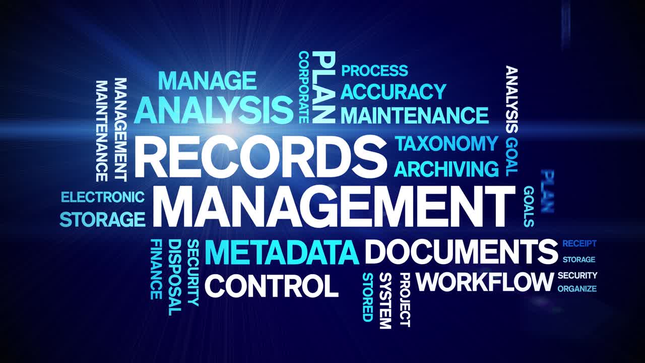 4k Records Management Animated Tag Word Cloud,Text Animation seamless loop.
