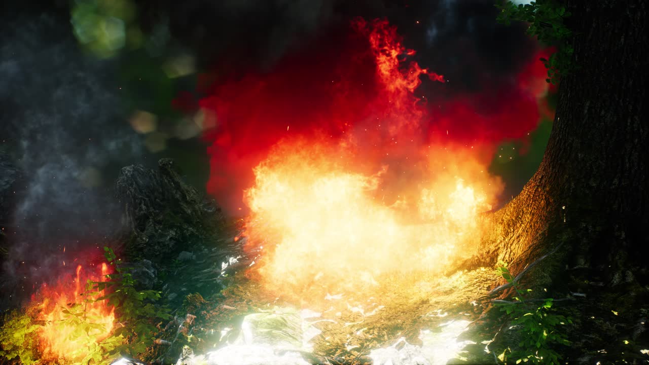 산불 도중 불타는 나무 에 바람 이 불고 있다