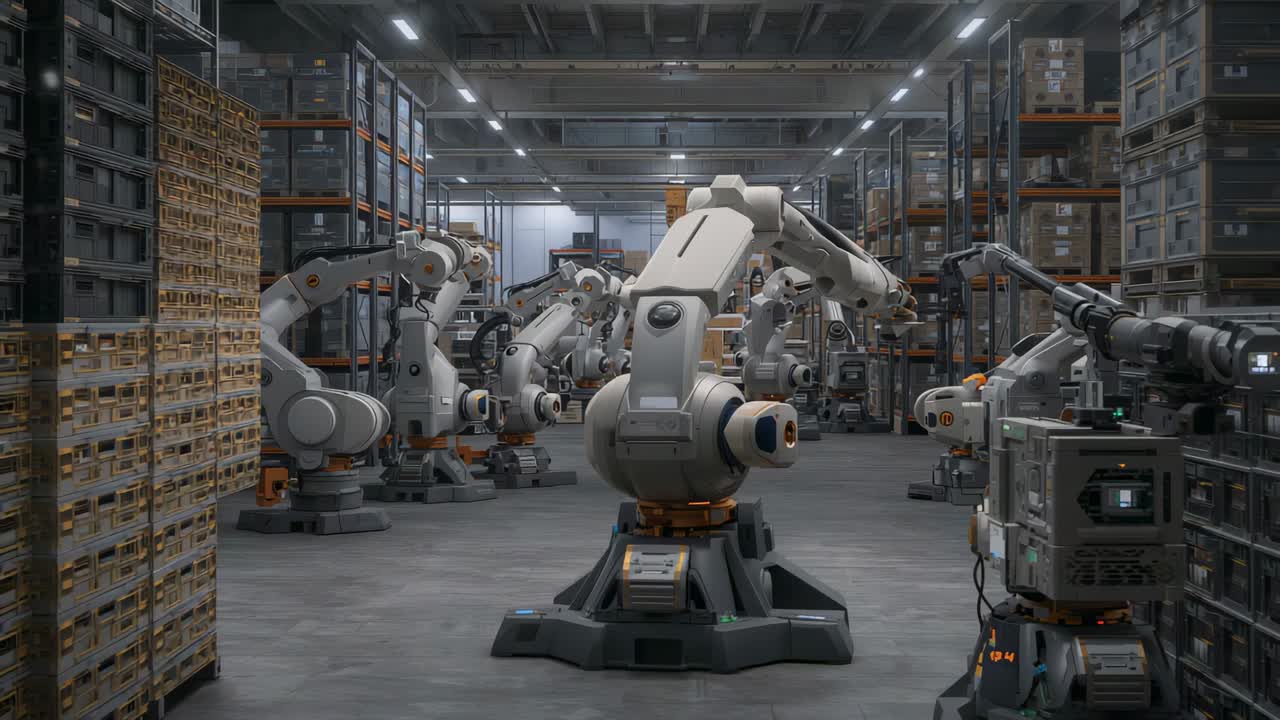 Receiving start signal, central robotic arm rotating and moving wrist in factory with crates