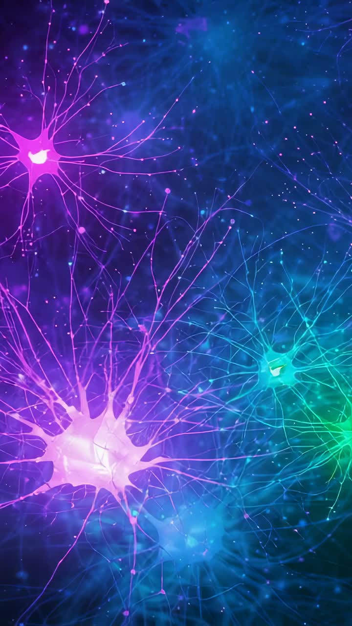 Vertical video: Emerging neuron-like cell pulsing magenta glow in blue space, with luminous points