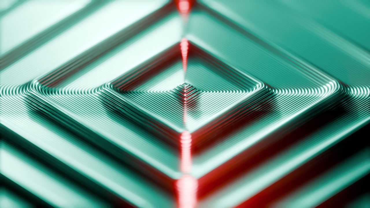 Closeup Teal Metal Concentric Squares Robotic Probe Maps Microchip Surface With Red Beam, Shallow Focus,