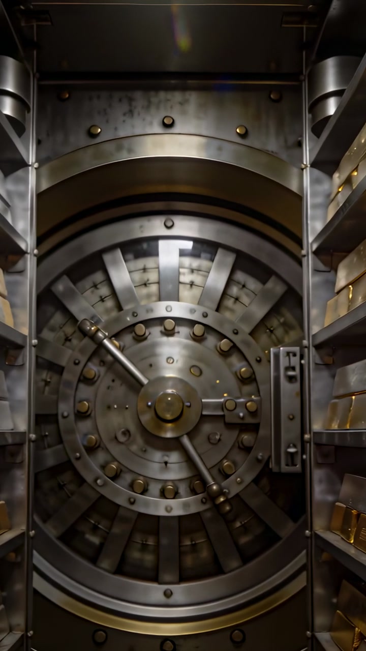Vertical video: Moving camera showing circular vault door locking arm in vault aisle with gold bars