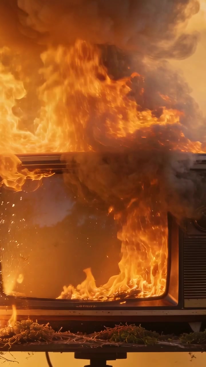 Vertical video: Sparking debris igniting CRT TV on stand during test, burning glass spewing smoke
