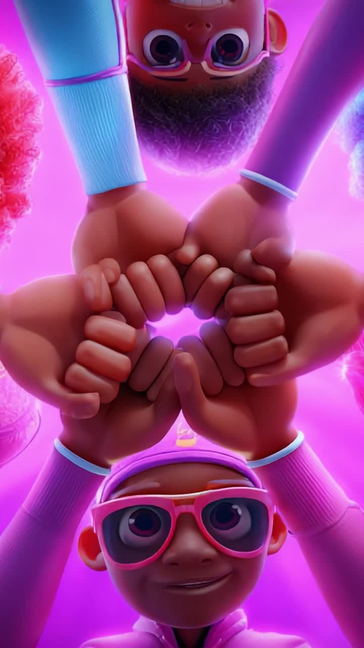 A Vibrant Celebration of Friendship and Unity: Colorful Animated Characters Forming a Heart Shape with Their Hands Against a Bright Pink Background