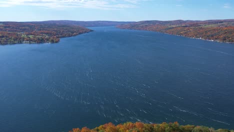 aerial view of keuka lake in the finger lakes, ny from the point of the bluff during fall, showing colorful foliage