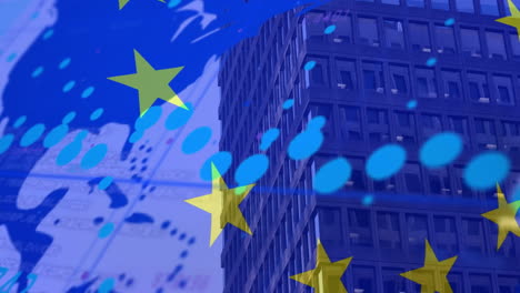 animation of financial data processing over flag of european union and cityscape