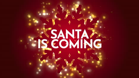 santa is coming with flying gold and silver snowflakes on red gradient