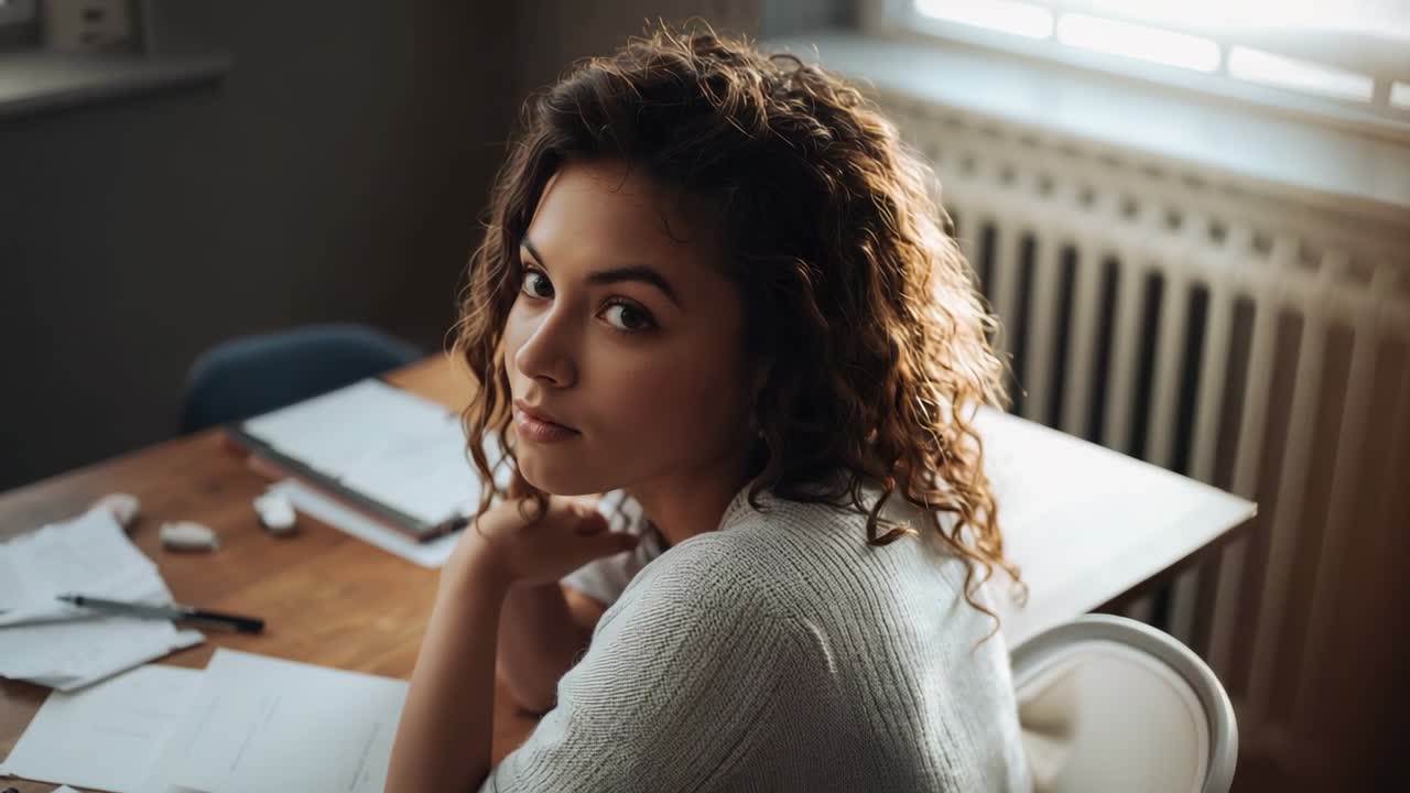 Noticing camera, woman turning to face lens at home study, wearing light sweater with desk papers