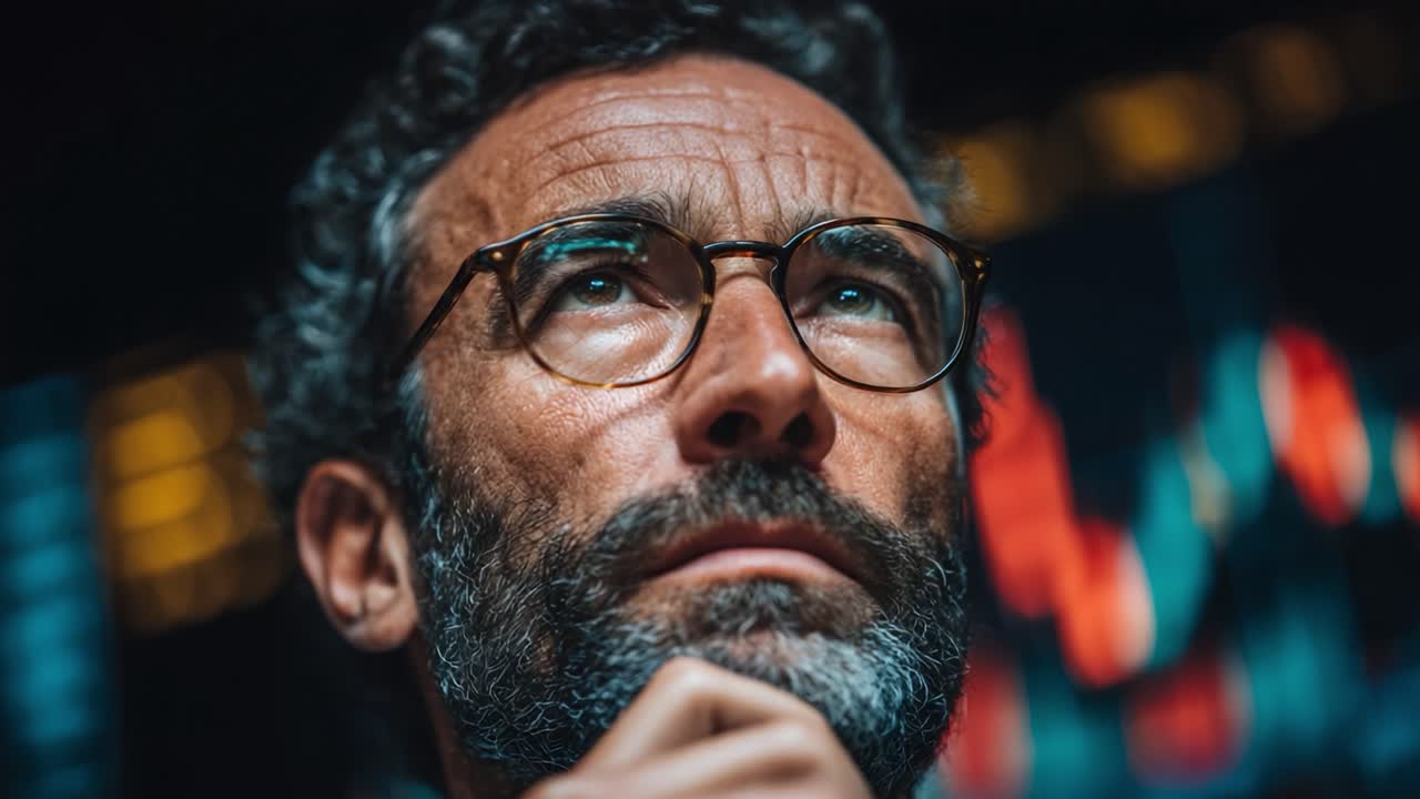 Contemplative Businessman Analyzing Market Trends and Data in a Lucrative Environment, Deep in Thought About Financial Strategies and Future Decisions