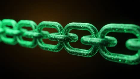 a stunning close-up of a glimmering green chain: exploring the intricacies of this modern metallic link in a darkened background
