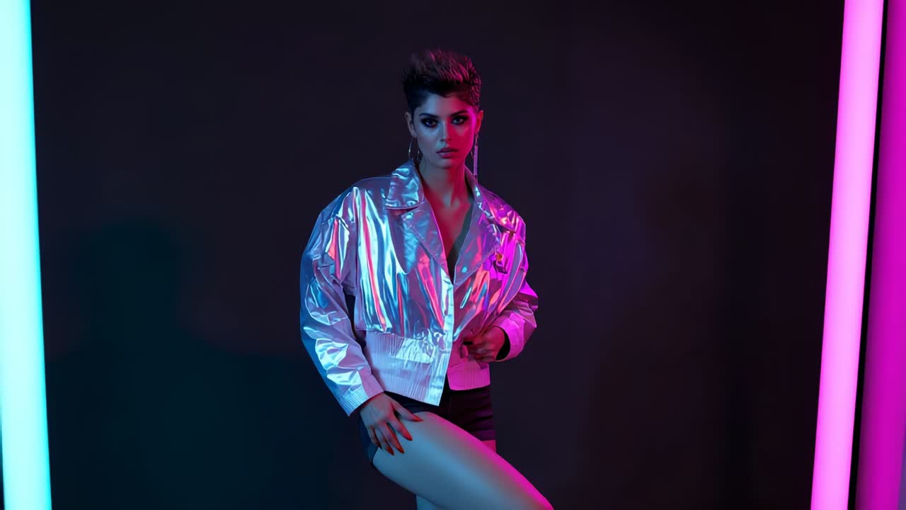 Neon tubes lighting up initiating fashion model shifting pose in studio, showcasing metallic jacket