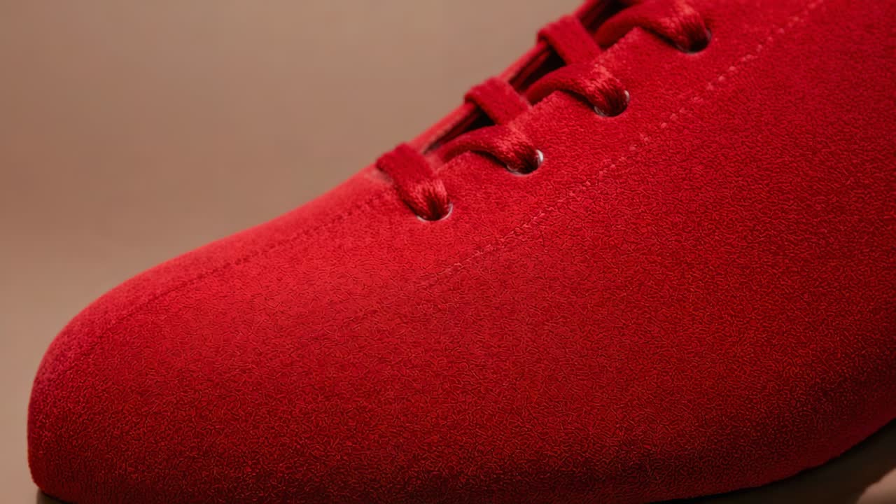 Revealing camera shifting right and upward in studio, showing red suede shoe toe, laces, eyelets