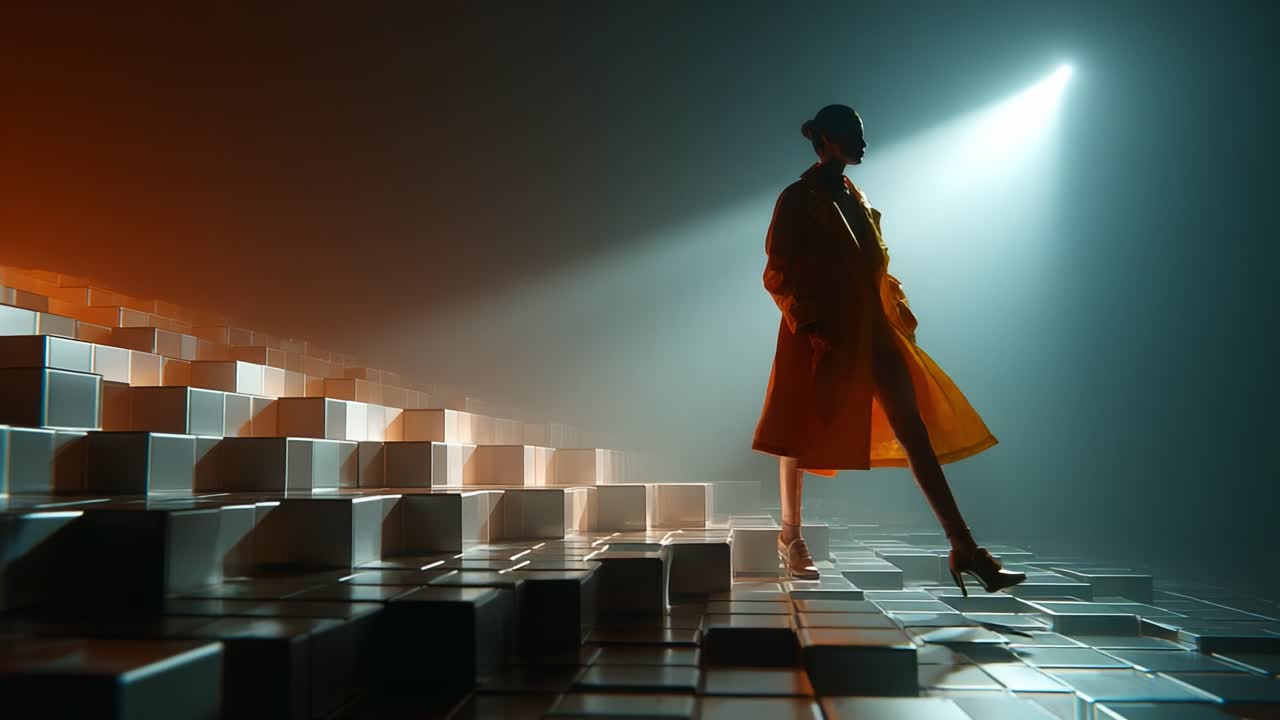Fashionable Woman on Futuristic Stairs with Spotlight