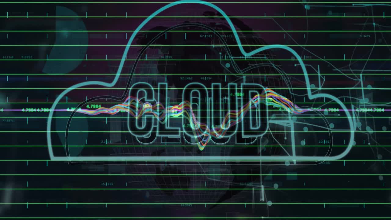 animación del texto de la nube en la nube, gráficos con números cambiantes sobre el globo giratorio