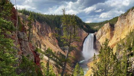 Grand-Canyon-of-the-Yellowstone-National-Park-river-Upper-lower-Falls-waterfall-HDR-lookout-artist-point-autumn-Canyon-Village-lodge-roadway-stunning-daytime-landscape-view-cinematic-pan-right-slowly