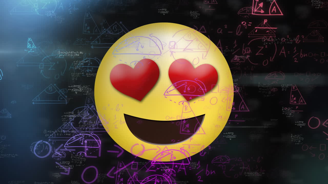 Animation of mathematical data processing and smiley face with hearts over black background