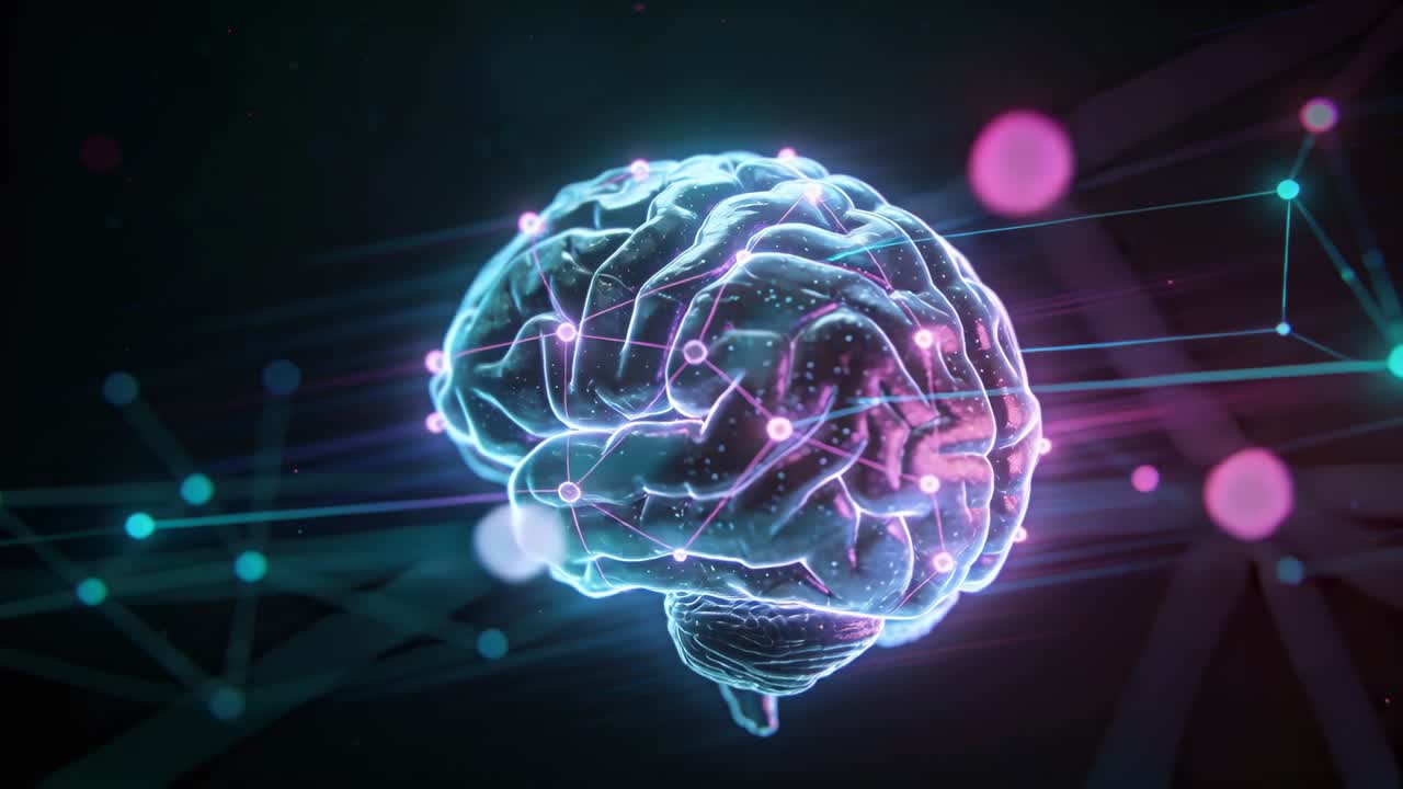 Starting rotation of 3D brain holo in dark mesh revealing pulsing magenta nodes showing data flow