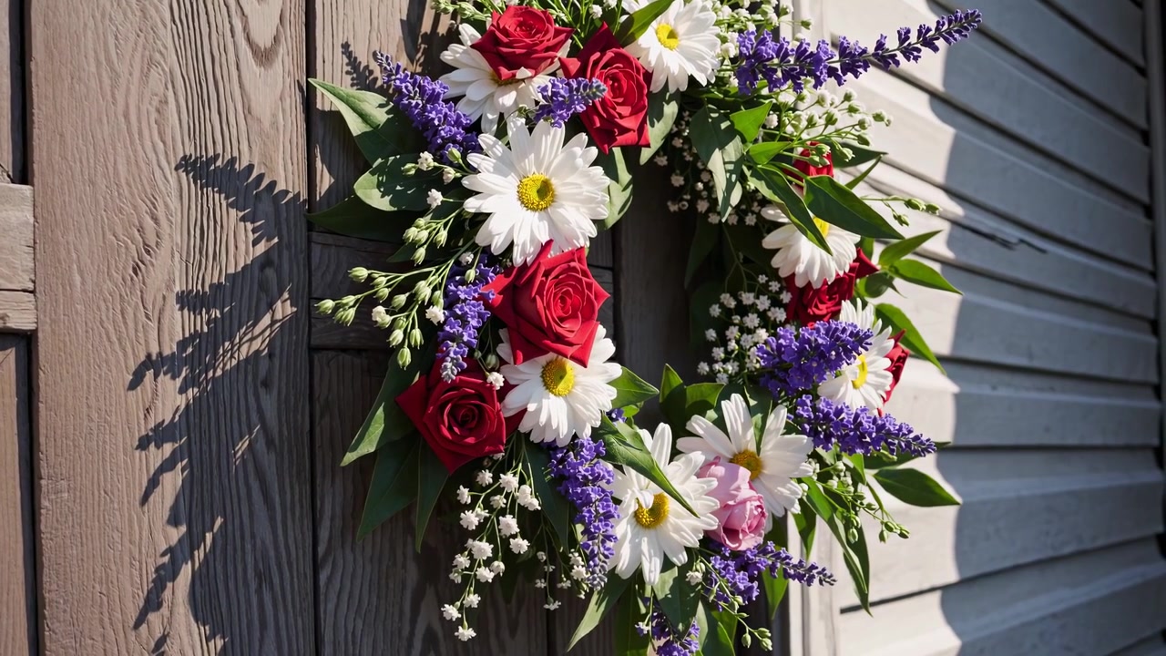 Floral Wreath Hanging on a Wooden Door