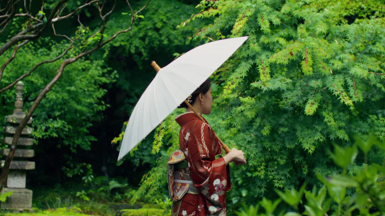 Japanese Woman in Kimono in a Garden