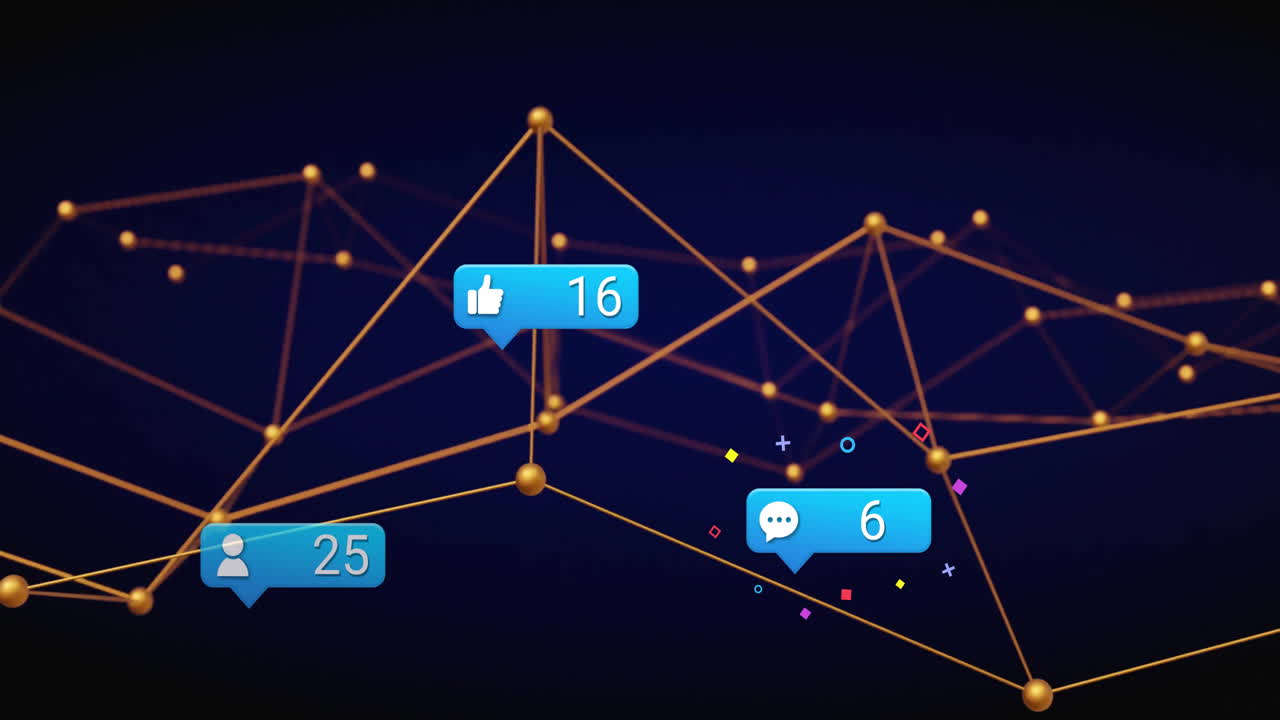 Animation of social media notifications and network connections on dark blue background