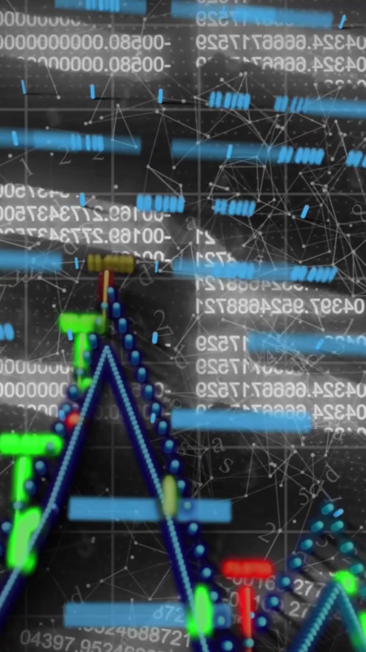 Vertical video: tech UI taking input showing triangle chart rising with green red pins for alerts